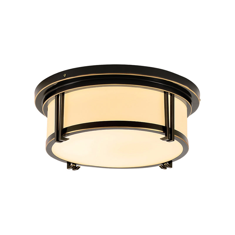 Black/Brass Drum Flush Mount Lamp Classic Frosted Glass LED Living Room Ceiling Light Fixture in Warm/White Light Clearhalo 'Ceiling Lights' 'Close To Ceiling Lights' 'Close to ceiling' 'Flush mount' Lighting' 227043