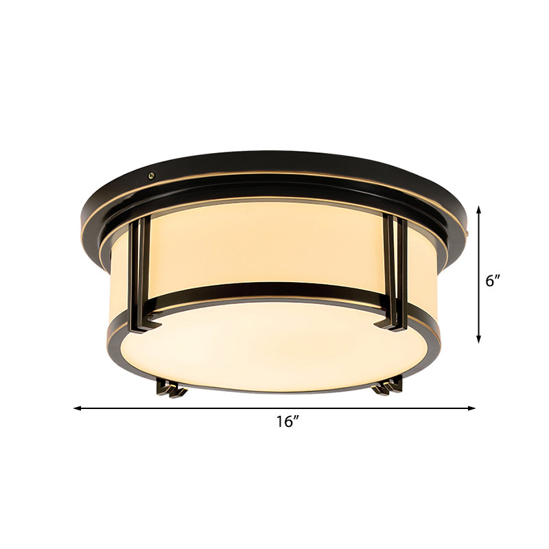 Black/Brass Drum Flush Mount Lamp Classic Frosted Glass LED Living Room Ceiling Light Fixture in Warm/White Light Clearhalo 'Ceiling Lights' 'Close To Ceiling Lights' 'Close to ceiling' 'Flush mount' Lighting' 227044