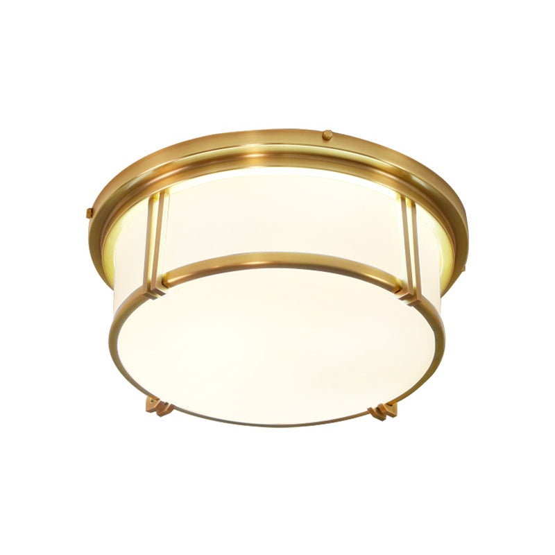 Black/Brass Drum Flush Mount Lamp Classic Frosted Glass LED Living Room Ceiling Light Fixture in Warm/White Light Clearhalo 'Ceiling Lights' 'Close To Ceiling Lights' 'Close to ceiling' 'Flush mount' Lighting' 227047