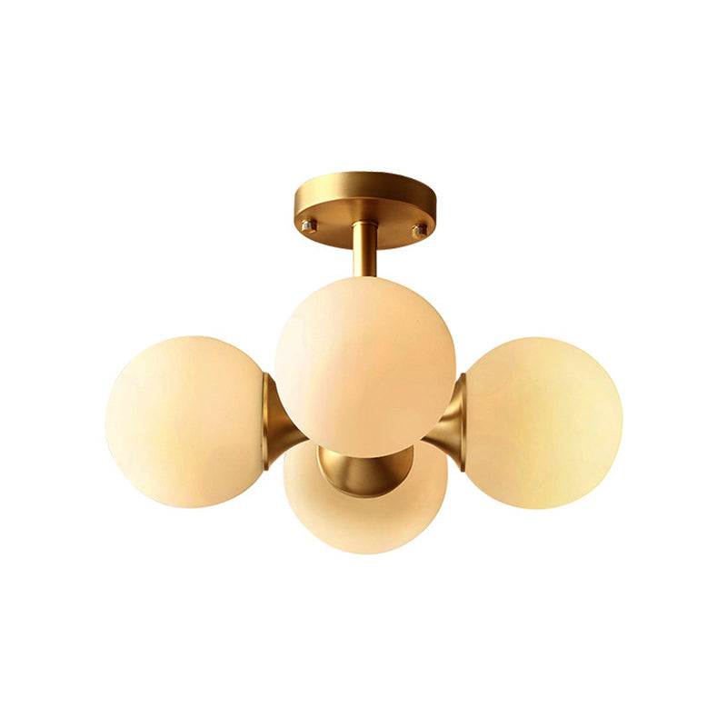 4 Lights Dining Room Ceiling Light Fixture Traditional Gold Semi Flush with Globe White Glass Shade Clearhalo 'Ceiling Lights' 'Close To Ceiling Lights' 'Close to ceiling' 'Glass shade' 'Glass' 'Semi-flushmount' Lighting' 227050
