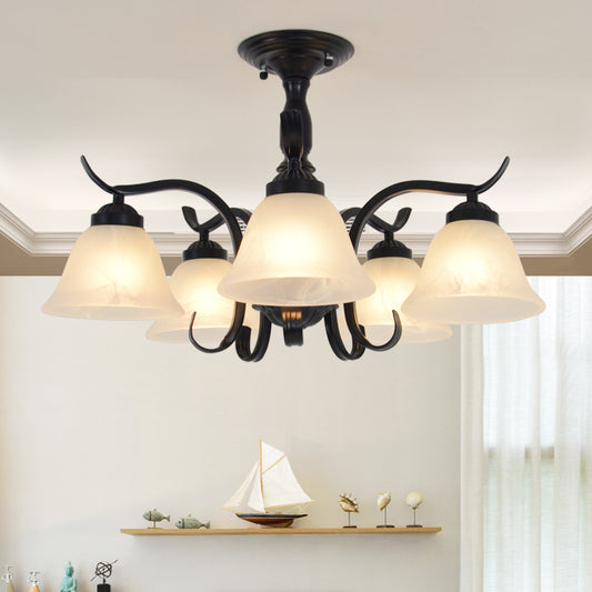 5 Lights Frosted Glass Semi Flush Light Traditional Black Cone Living Room Ceiling Lighting Black Clearhalo 'Ceiling Lights' 'Close To Ceiling Lights' 'Close to ceiling' 'Glass shade' 'Glass' 'Semi-flushmount' Lighting' 227060