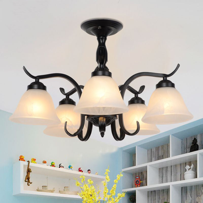 5 Lights Frosted Glass Semi Flush Light Traditional Black Cone Living Room Ceiling Lighting Clearhalo 'Ceiling Lights' 'Close To Ceiling Lights' 'Close to ceiling' 'Glass shade' 'Glass' 'Semi-flushmount' Lighting' 227061