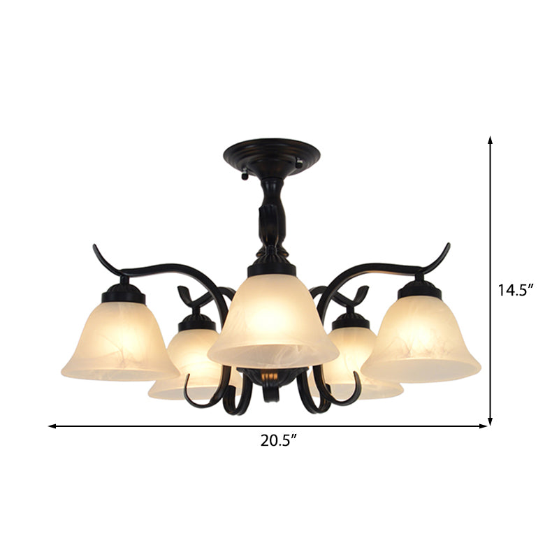 5 Lights Frosted Glass Semi Flush Light Traditional Black Cone Living Room Ceiling Lighting Clearhalo 'Ceiling Lights' 'Close To Ceiling Lights' 'Close to ceiling' 'Glass shade' 'Glass' 'Semi-flushmount' Lighting' 227063