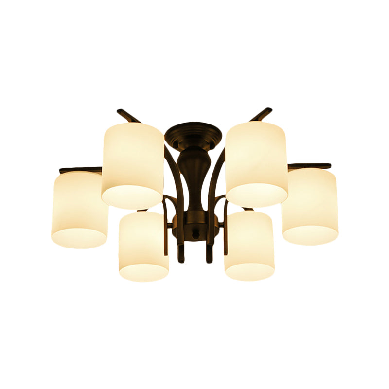 3/5/6 Lights Semi Flush Mount Traditional Cylinder Frosted Glass Ceiling Light in Black for Bedroom Clearhalo 'Ceiling Lights' 'Close To Ceiling Lights' 'Close to ceiling' 'Glass shade' 'Glass' 'Semi-flushmount' Lighting' 227070