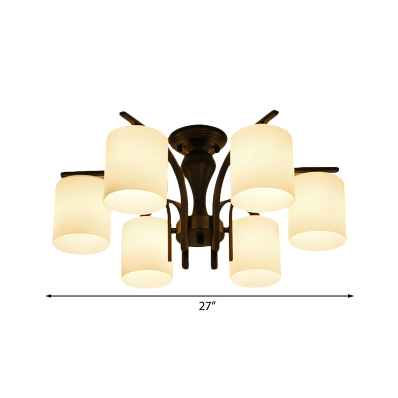 3/5/6 Lights Semi Flush Mount Traditional Cylinder Frosted Glass Ceiling Light in Black for Bedroom Clearhalo 'Ceiling Lights' 'Close To Ceiling Lights' 'Close to ceiling' 'Glass shade' 'Glass' 'Semi-flushmount' Lighting' 227071