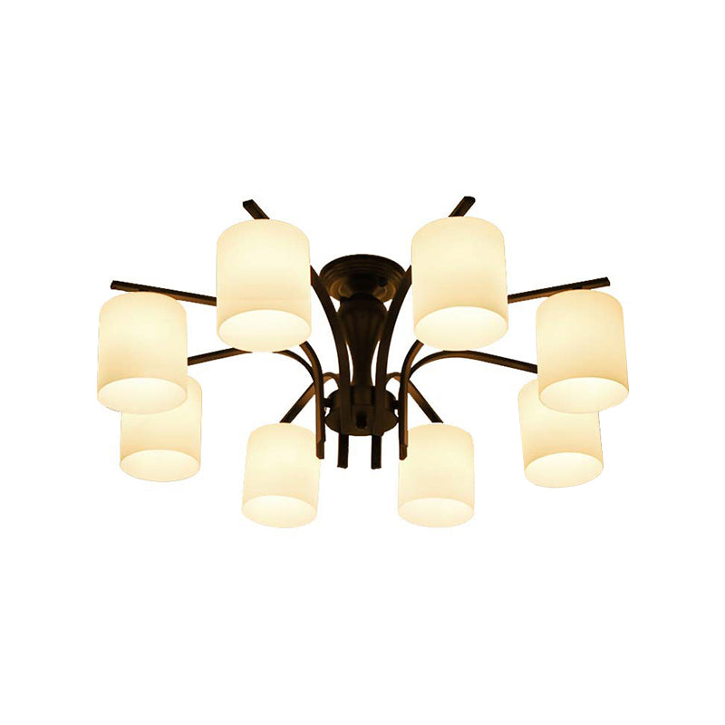 3/5/6 Lights Semi Flush Mount Traditional Cylinder Frosted Glass Ceiling Light in Black for Bedroom Clearhalo 'Ceiling Lights' 'Close To Ceiling Lights' 'Close to ceiling' 'Glass shade' 'Glass' 'Semi-flushmount' Lighting' 227073