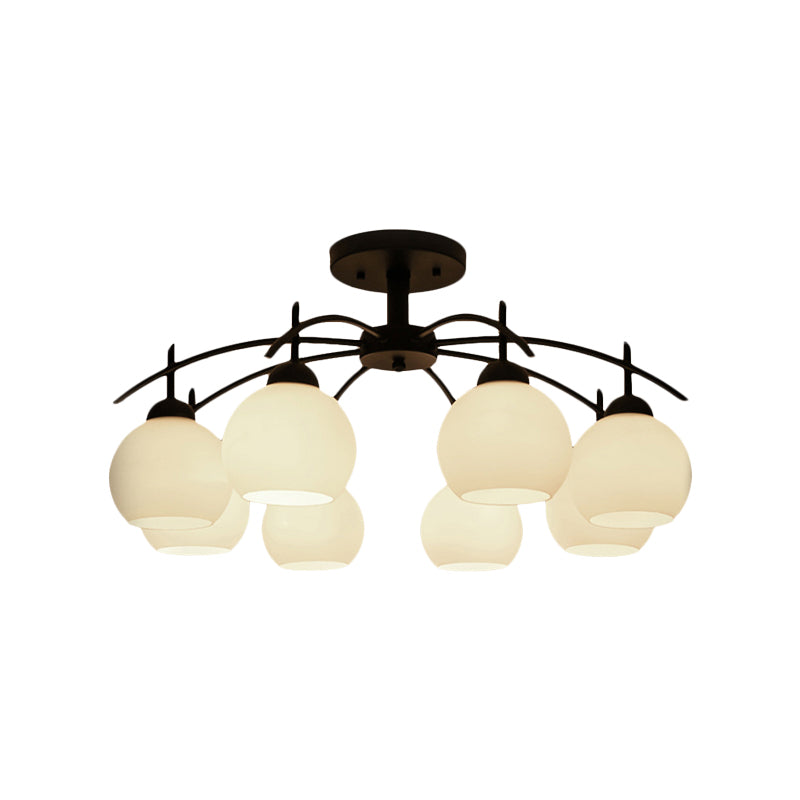 Globe White Glass Semi Flush Traditional 3/5/6 Lights Living Room Ceiling Light Fixture in Black Clearhalo 'Ceiling Lights' 'Close To Ceiling Lights' 'Close to ceiling' 'Glass shade' 'Glass' 'Semi-flushmount' Lighting' 227083