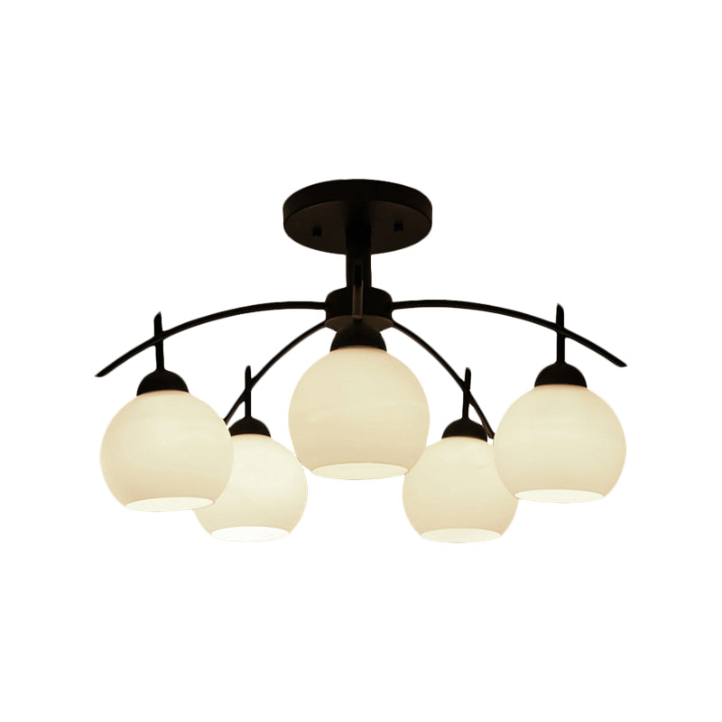 Globe White Glass Semi Flush Traditional 3/5/6 Lights Living Room Ceiling Light Fixture in Black Clearhalo 'Ceiling Lights' 'Close To Ceiling Lights' 'Close to ceiling' 'Glass shade' 'Glass' 'Semi-flushmount' Lighting' 227090