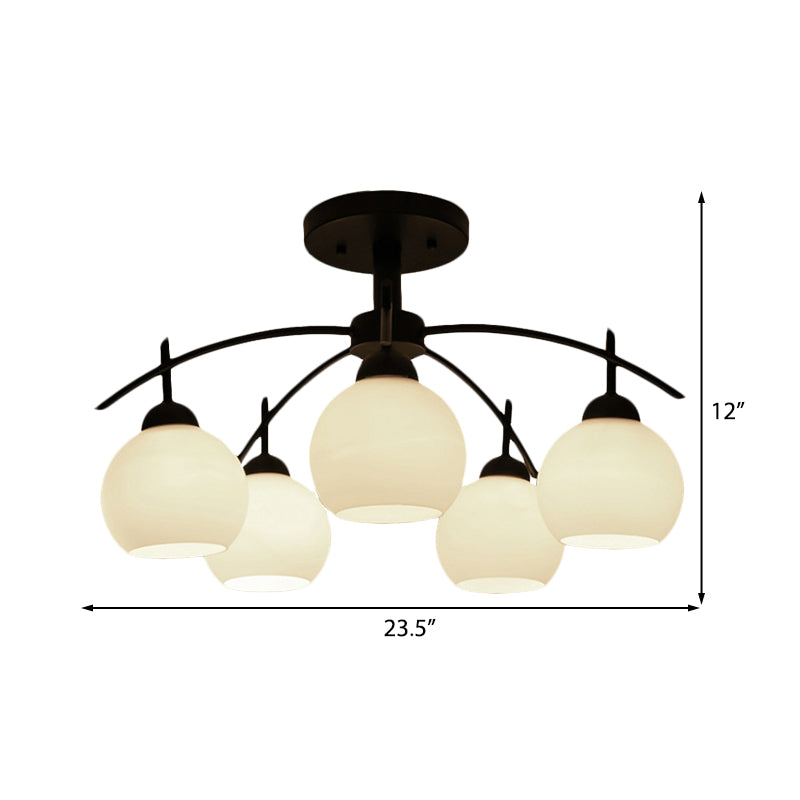 Globe White Glass Semi Flush Traditional 3/5/6 Lights Living Room Ceiling Light Fixture in Black Clearhalo 'Ceiling Lights' 'Close To Ceiling Lights' 'Close to ceiling' 'Glass shade' 'Glass' 'Semi-flushmount' Lighting' 227091