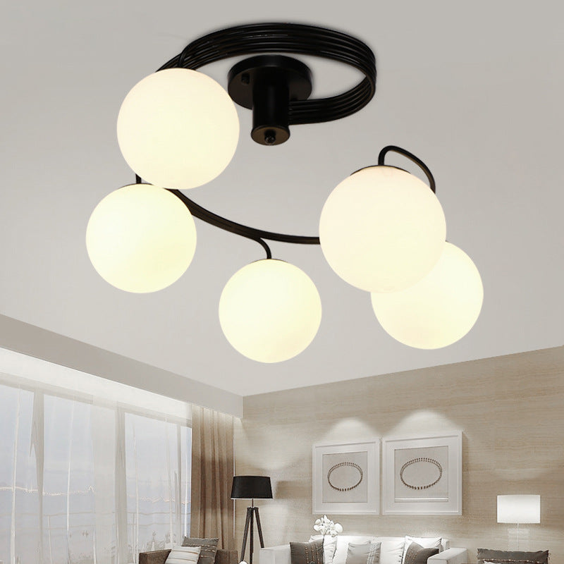 3/5 Lights Living Room Ceiling Light Fixture Traditional Black Semi Flush with Globe White Glass Shade 5 White Clearhalo 'Ceiling Lights' 'Chandeliers' 'Close To Ceiling Lights' 'Close to ceiling' 'Glass shade' 'Glass' 'Semi-flushmount' Lighting' 227152