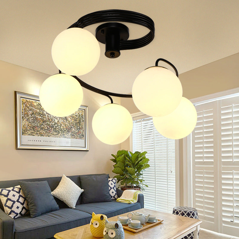 3/5 Lights Living Room Ceiling Light Fixture Traditional Black Semi Flush with Globe White Glass Shade Clearhalo 'Ceiling Lights' 'Chandeliers' 'Close To Ceiling Lights' 'Close to ceiling' 'Glass shade' 'Glass' 'Semi-flushmount' Lighting' 227153