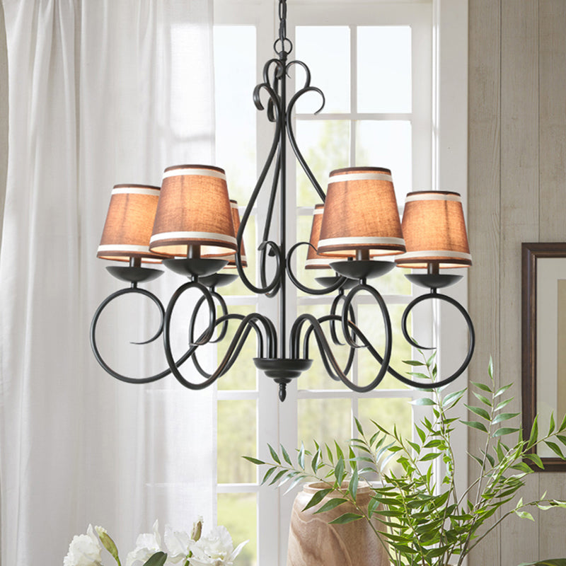 6 Lights Fabric Chandelier Light Traditional Coffee/Flaxen/White Conical Dining Room Hanging Light Fixture Clearhalo 'Ceiling Lights' 'Chandeliers' Lighting' options 227177