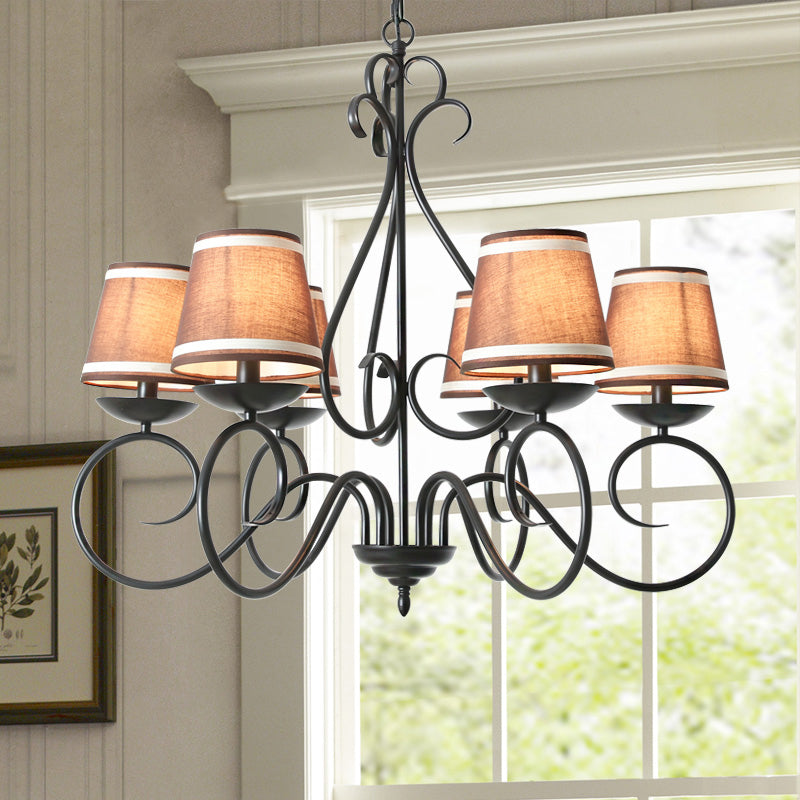 6 Lights Fabric Chandelier Light Traditional Coffee/Flaxen/White Conical Dining Room Hanging Light Fixture Clearhalo 'Ceiling Lights' 'Chandeliers' Lighting' options 227178