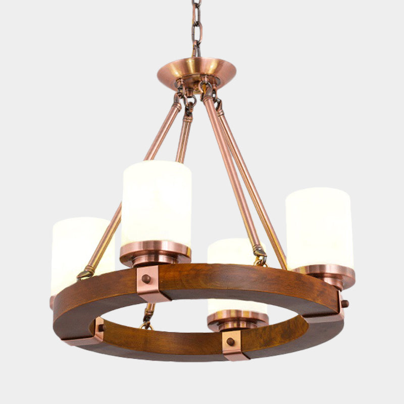 Cylinder Bedroom Chandelier Light Fixture Rustic White Glass 4/6 Lights Copper Ceiling Light Clearhalo 'Ceiling Lights' 'Chandeliers' Lighting' options 227217