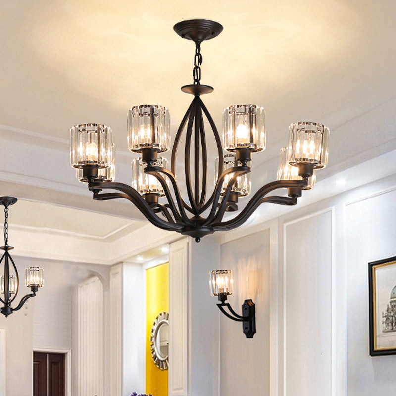 Black Cylinder Ceiling Light Fixture Simple Style Crystal Block 3/6/8 Lights Dining Room Chandelier Light Clearhalo 'Ceiling Lights' 'Chandeliers' Lighting' options 227270