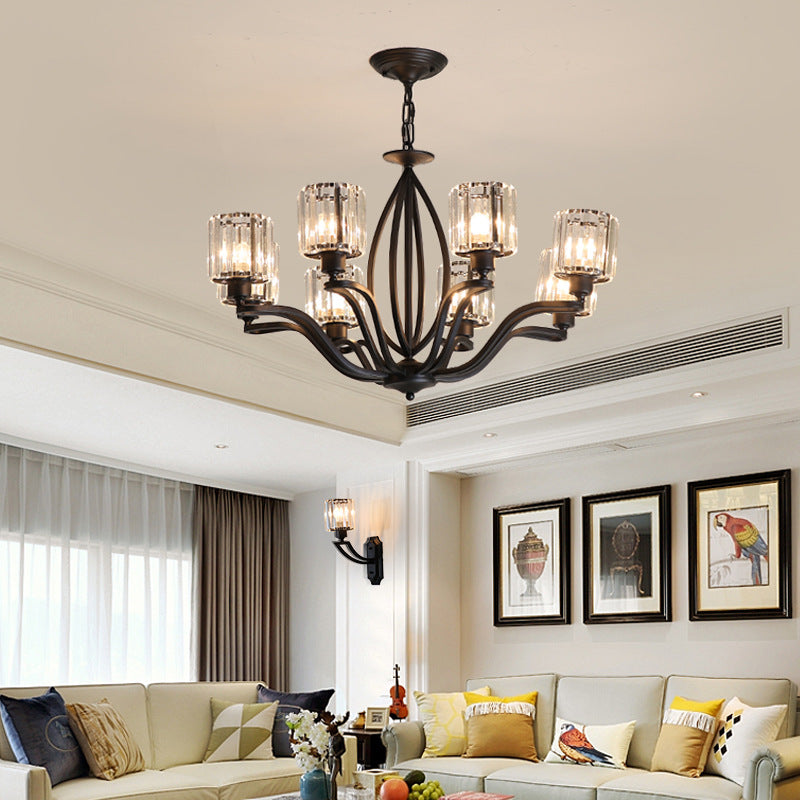 Black Cylinder Ceiling Light Fixture Simple Style Crystal Block 3/6/8 Lights Dining Room Chandelier Light Clearhalo 'Ceiling Lights' 'Chandeliers' Lighting' options 227271