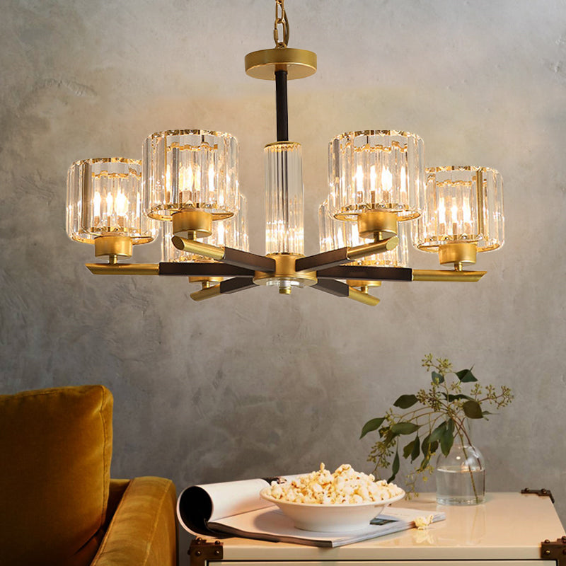 Cylinder Crystal Block Chandelier Light Traditional 3/6/8 Lights Dining Room Hanging Light in Gold 6 Gold Clearhalo 'Ceiling Lights' 'Chandeliers' Lighting' options 227279_ba322189-d9c2-49b3-b535-e75c67b167b0