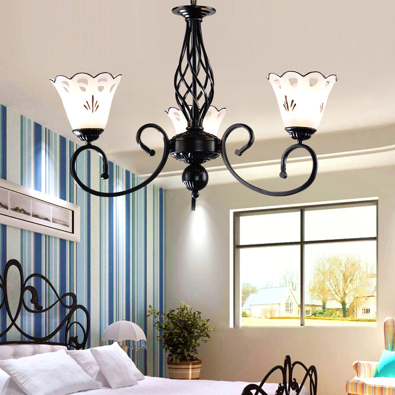 Black Floral Shaped Chandelier Light Fixture Traditional Metal 5/6/8 Lights Living Room Ceiling Light Clearhalo 'Ceiling Lights' 'Chandeliers' 'Glass shade' 'Glass' Lighting' 227288