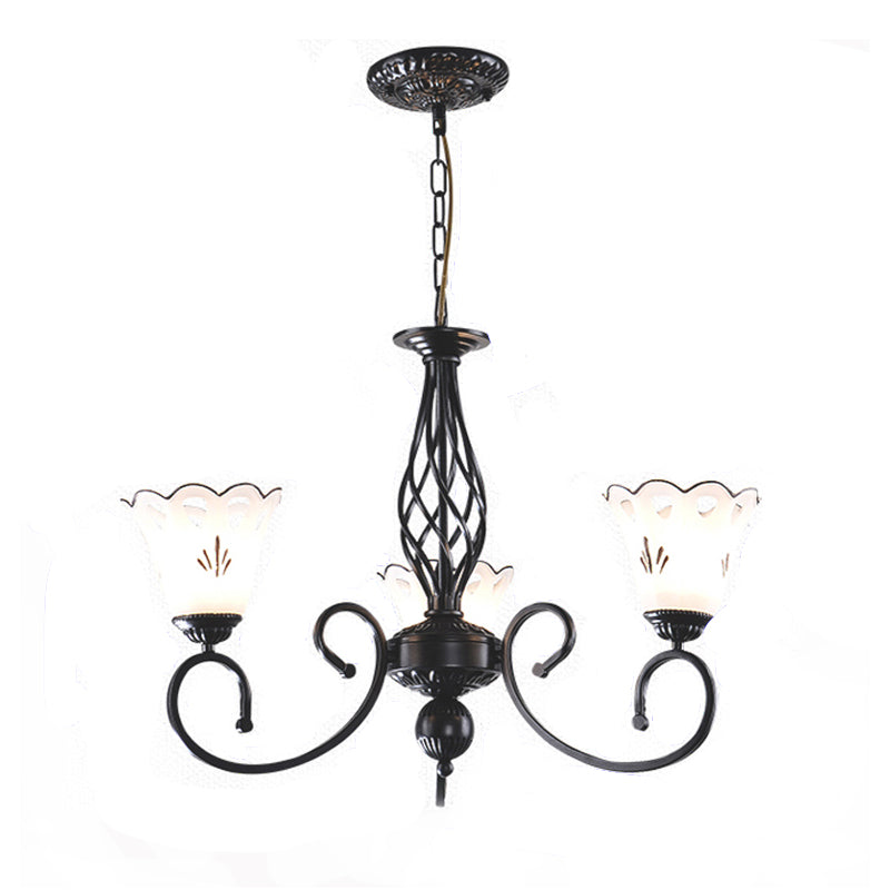 Black Floral Shaped Chandelier Light Fixture Traditional Metal 5/6/8 Lights Living Room Ceiling Light Clearhalo 'Ceiling Lights' 'Chandeliers' 'Glass shade' 'Glass' Lighting' 227289