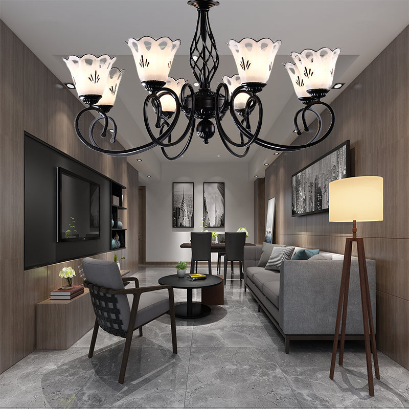 Black Floral Shaped Chandelier Light Fixture Traditional Metal 5/6/8 Lights Living Room Ceiling Light 8 Black Clearhalo 'Ceiling Lights' 'Chandeliers' 'Glass shade' 'Glass' Lighting' 227291