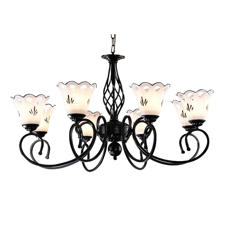 Black Floral Shaped Chandelier Light Fixture Traditional Metal 5/6/8 Lights Living Room Ceiling Light Clearhalo 'Ceiling Lights' 'Chandeliers' 'Glass shade' 'Glass' Lighting' 227293