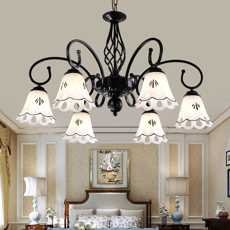 Black Floral Shaped Chandelier Light Fixture Traditional Metal 5/6/8 Lights Living Room Ceiling Light Clearhalo 'Ceiling Lights' 'Chandeliers' 'Glass shade' 'Glass' Lighting' 227296