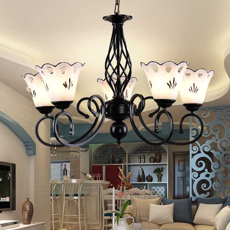 Black Floral Shaped Chandelier Light Fixture Traditional Metal 5/6/8 Lights Living Room Ceiling Light Clearhalo 'Ceiling Lights' 'Chandeliers' 'Glass shade' 'Glass' Lighting' 227300