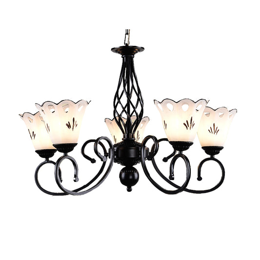 Black Floral Shaped Chandelier Light Fixture Traditional Metal 5/6/8 Lights Living Room Ceiling Light Clearhalo 'Ceiling Lights' 'Chandeliers' 'Glass shade' 'Glass' Lighting' 227301