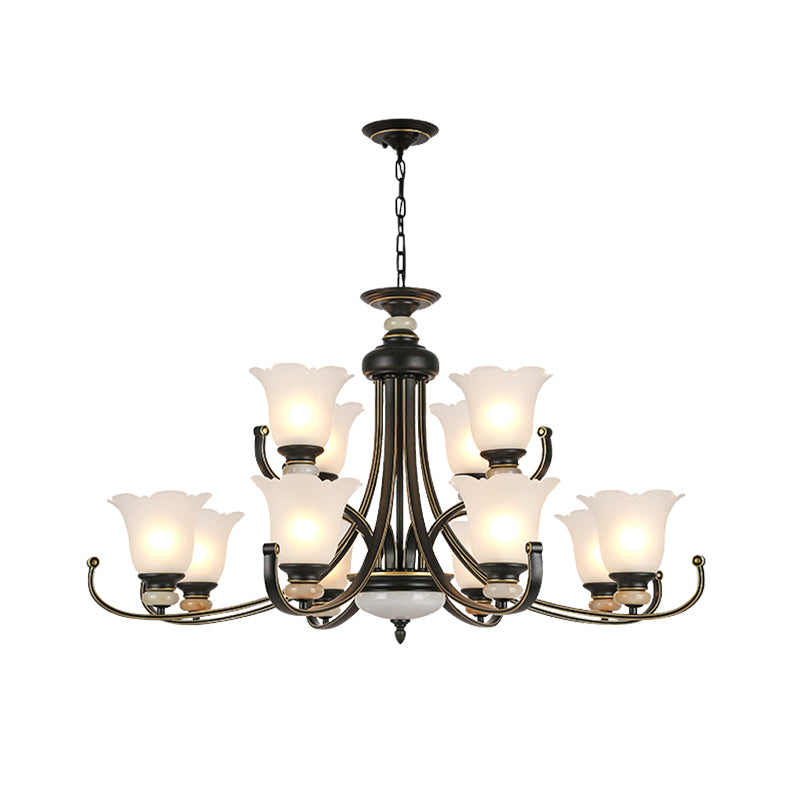 Flower White Glass Ceiling Light Vintage 3/6/8 Lights Bedroom Chandelier Light Fixture in Black Clearhalo 'Ceiling Lights' 'Chandeliers' 'Close To Ceiling Lights' 'Glass shade' 'Glass' Lighting' 227305