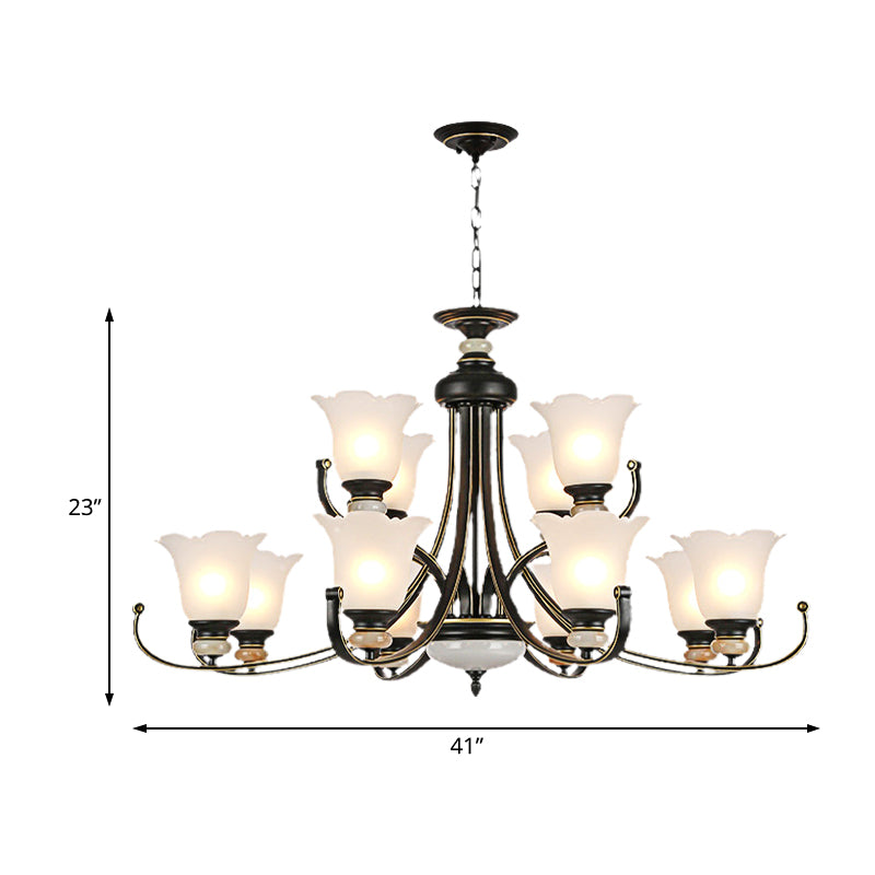 Flower White Glass Ceiling Light Vintage 3/6/8 Lights Bedroom Chandelier Light Fixture in Black Clearhalo 'Ceiling Lights' 'Chandeliers' 'Close To Ceiling Lights' 'Glass shade' 'Glass' Lighting' 227306