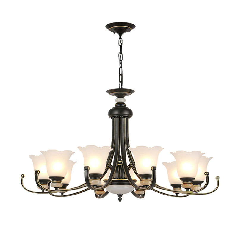 Flower White Glass Ceiling Light Vintage 3/6/8 Lights Bedroom Chandelier Light Fixture in Black Clearhalo 'Ceiling Lights' 'Chandeliers' 'Close To Ceiling Lights' 'Glass shade' 'Glass' Lighting' 227310