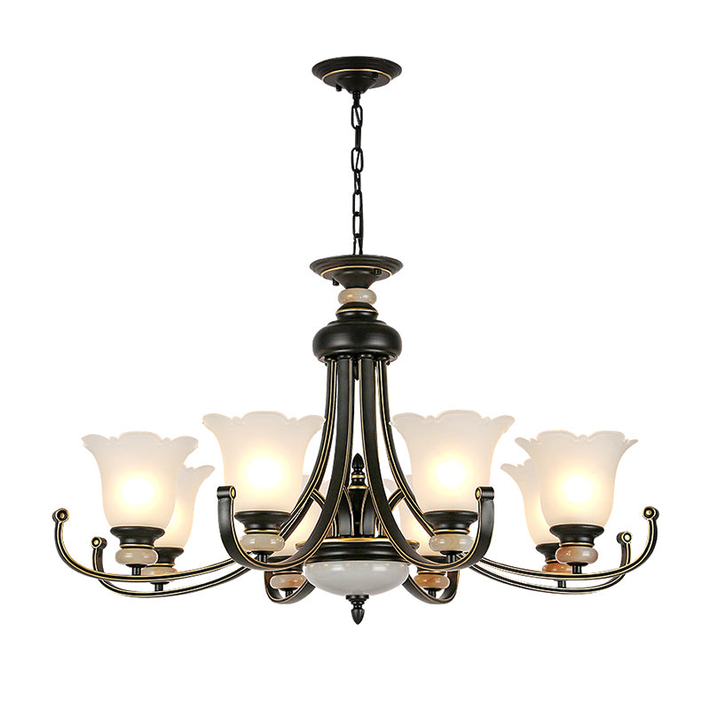 Flower White Glass Ceiling Light Vintage 3/6/8 Lights Bedroom Chandelier Light Fixture in Black Clearhalo 'Ceiling Lights' 'Chandeliers' 'Close To Ceiling Lights' 'Glass shade' 'Glass' Lighting' 227314