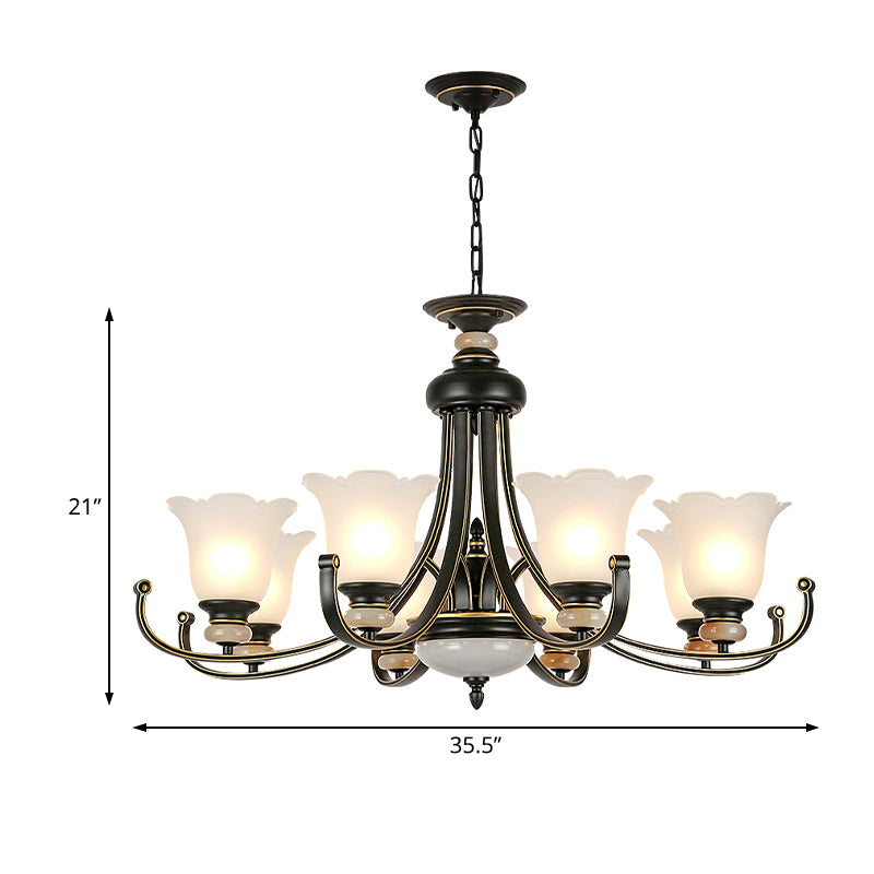 Flower White Glass Ceiling Light Vintage 3/6/8 Lights Bedroom Chandelier Light Fixture in Black Clearhalo 'Ceiling Lights' 'Chandeliers' 'Close To Ceiling Lights' 'Glass shade' 'Glass' Lighting' 227315