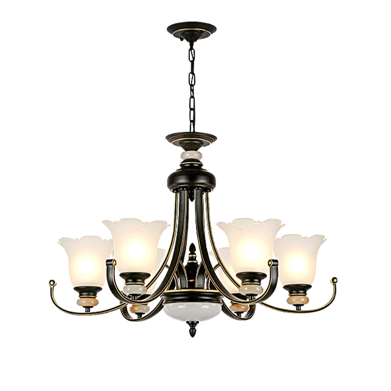 Flower White Glass Ceiling Light Vintage 3/6/8 Lights Bedroom Chandelier Light Fixture in Black Clearhalo 'Ceiling Lights' 'Chandeliers' 'Close To Ceiling Lights' 'Glass shade' 'Glass' Lighting' 227318