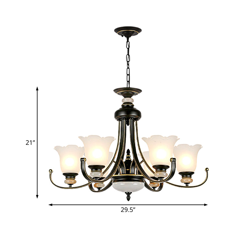 Flower White Glass Ceiling Light Vintage 3/6/8 Lights Bedroom Chandelier Light Fixture in Black Clearhalo 'Ceiling Lights' 'Chandeliers' 'Close To Ceiling Lights' 'Glass shade' 'Glass' Lighting' 227319