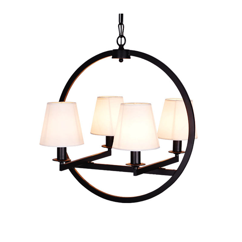 4 Lights Fabric Chandelier Light Traditional White/Flaxen Cone Dining Room Hanging Light with Black Ring Frame Clearhalo 'Ceiling Lights' 'Chandeliers' Lighting' options 227342