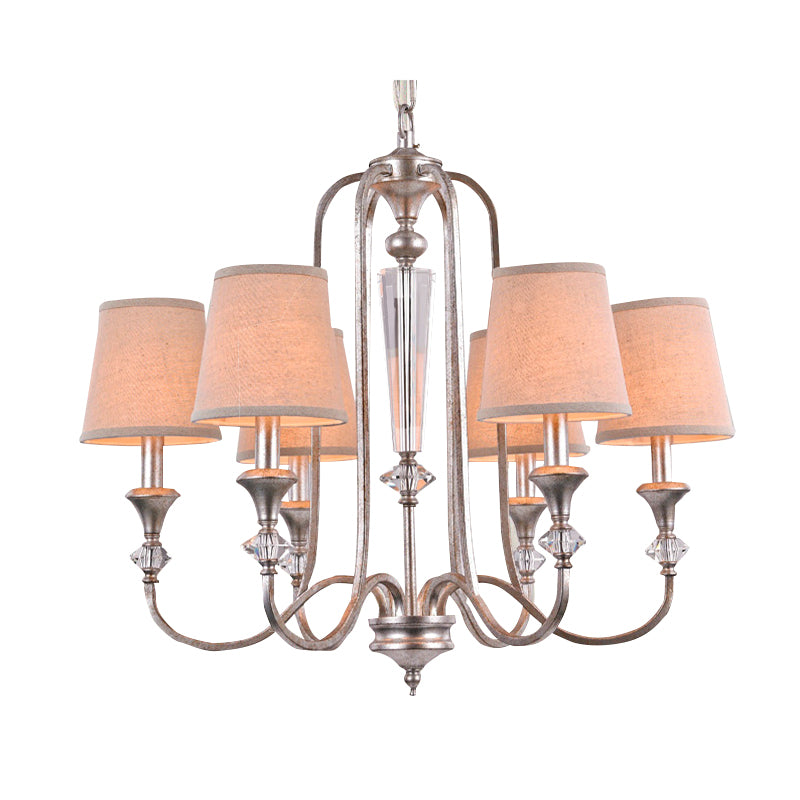 Rustic Tapered Ceiling Lamp 3/6 Lights Fabric Chandelier Light Fixture in Aged Silver for Living Room Clearhalo 'Ceiling Lights' 'Chandeliers' Lighting' options 227359