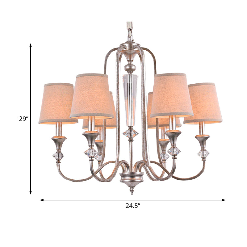 Rustic Tapered Ceiling Lamp 3/6 Lights Fabric Chandelier Light Fixture in Aged Silver for Living Room Clearhalo 'Ceiling Lights' 'Chandeliers' Lighting' options 227360