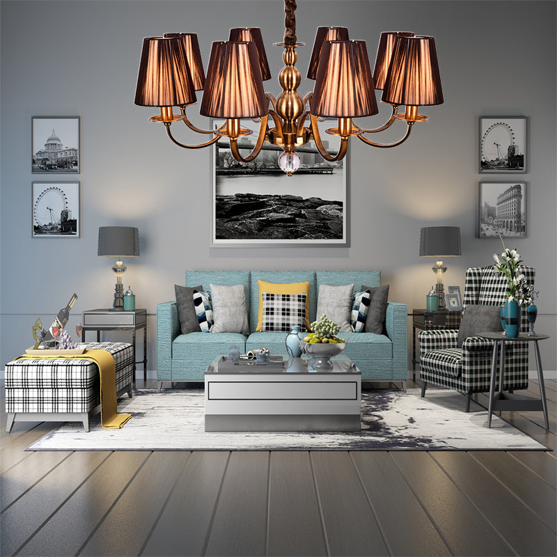 Brown Gathered Fabric Shade Chandelier Lamp Vintage Fabric 6/8 Lights Living Room Suspension Light Clearhalo 'Ceiling Lights' 'Chandeliers' Lighting' options 227363