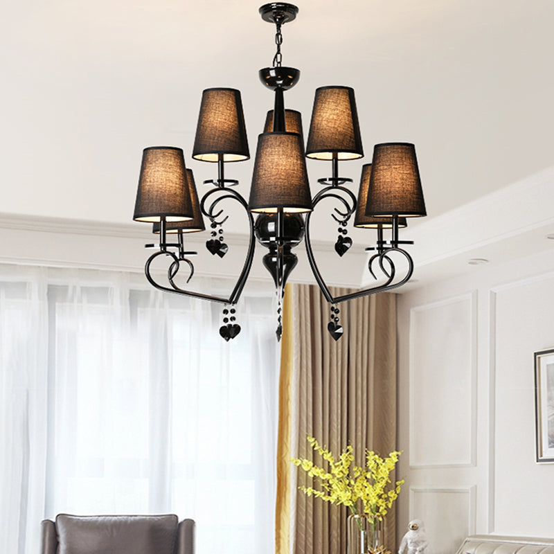 Fabric Tapered Hanging Ceiling Light Rustic 6/9 Lights Living Room Chandelier Light in Black Clearhalo 'Ceiling Lights' 'Chandeliers' Lighting' options 227411