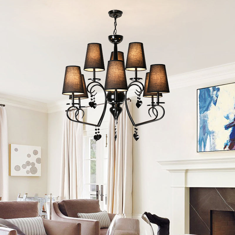 Fabric Tapered Hanging Ceiling Light Rustic 6/9 Lights Living Room Chandelier Light in Black Clearhalo 'Ceiling Lights' 'Chandeliers' Lighting' options 227412