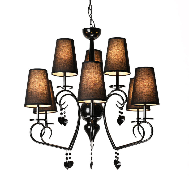 Fabric Tapered Hanging Ceiling Light Rustic 6/9 Lights Living Room Chandelier Light in Black Clearhalo 'Ceiling Lights' 'Chandeliers' Lighting' options 227413