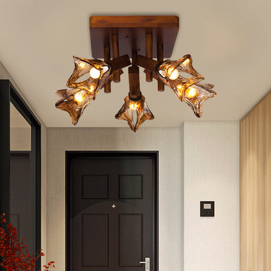 Flower Dining Room Semi Flush Light Rustic Glass 3/5/8 Lights Red Brown Ceiling Light Fixture 5 Red Brown Clearhalo 'Ceiling Lights' 'Close To Ceiling Lights' 'Close to ceiling' 'Glass shade' 'Glass' 'Semi-flushmount' Lighting' 227432