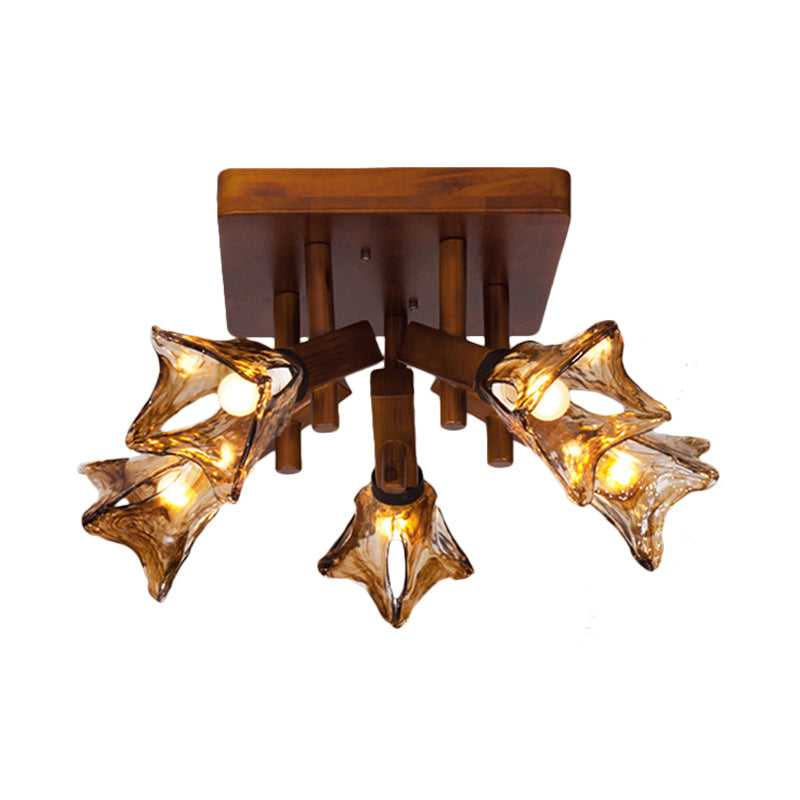 Flower Dining Room Semi Flush Light Rustic Glass 3/5/8 Lights Red Brown Ceiling Light Fixture Clearhalo 'Ceiling Lights' 'Close To Ceiling Lights' 'Close to ceiling' 'Glass shade' 'Glass' 'Semi-flushmount' Lighting' 227434