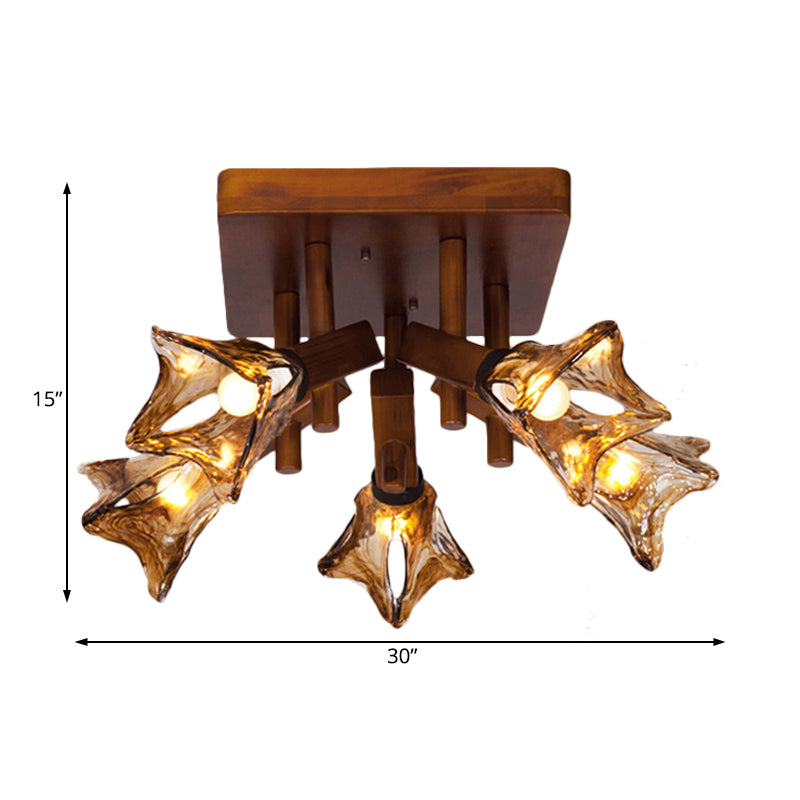 Flower Dining Room Semi Flush Light Rustic Glass 3/5/8 Lights Red Brown Ceiling Light Fixture Clearhalo 'Ceiling Lights' 'Close To Ceiling Lights' 'Close to ceiling' 'Glass shade' 'Glass' 'Semi-flushmount' Lighting' 227435