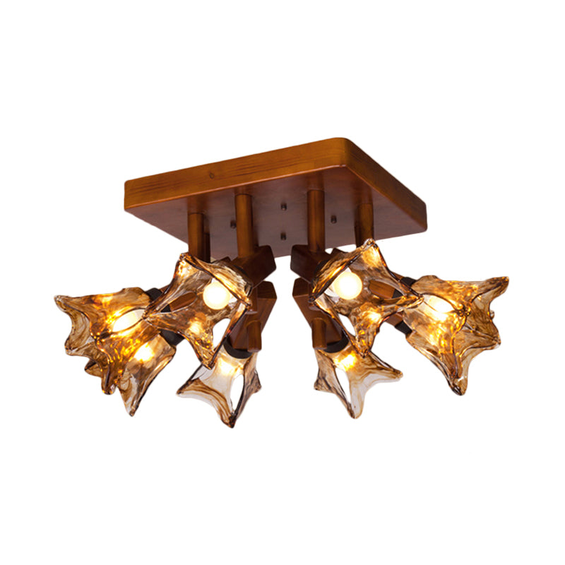 Flower Dining Room Semi Flush Light Rustic Glass 3/5/8 Lights Red Brown Ceiling Light Fixture Clearhalo 'Ceiling Lights' 'Close To Ceiling Lights' 'Close to ceiling' 'Glass shade' 'Glass' 'Semi-flushmount' Lighting' 227438