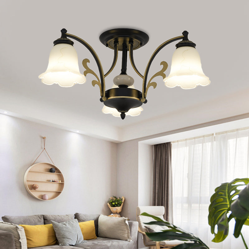 Floral Shaped White Glass Semi Flush Mount Light Vintage 3/6/8 Lights Dining Room Ceiling Lamp in Black Clearhalo 'Ceiling Lights' 'Close To Ceiling Lights' 'Close to ceiling' 'Glass shade' 'Glass' 'Semi-flushmount' Lighting' 227441