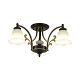 Floral Shaped White Glass Semi Flush Mount Light Vintage 3/6/8 Lights Dining Room Ceiling Lamp in Black Clearhalo 'Ceiling Lights' 'Close To Ceiling Lights' 'Close to ceiling' 'Glass shade' 'Glass' 'Semi-flushmount' Lighting' 227442