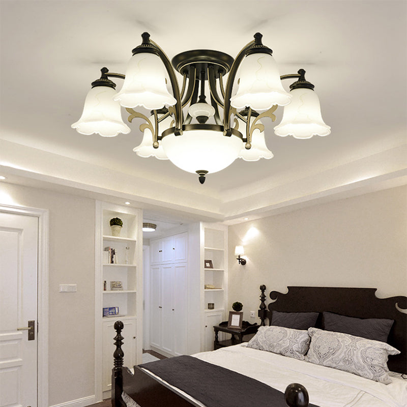 Floral Shaped White Glass Semi Flush Mount Light Vintage 3/6/8 Lights Dining Room Ceiling Lamp in Black Clearhalo 'Ceiling Lights' 'Close To Ceiling Lights' 'Close to ceiling' 'Glass shade' 'Glass' 'Semi-flushmount' Lighting' 227445