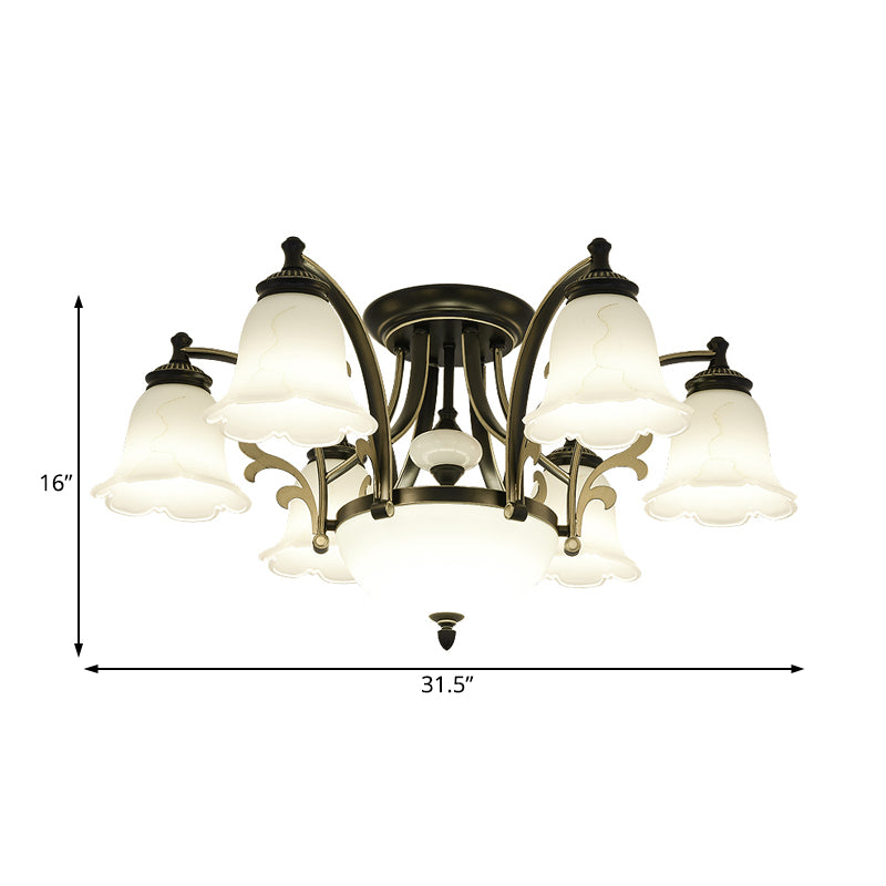 Floral Shaped White Glass Semi Flush Mount Light Vintage 3/6/8 Lights Dining Room Ceiling Lamp in Black Clearhalo 'Ceiling Lights' 'Close To Ceiling Lights' 'Close to ceiling' 'Glass shade' 'Glass' 'Semi-flushmount' Lighting' 227447